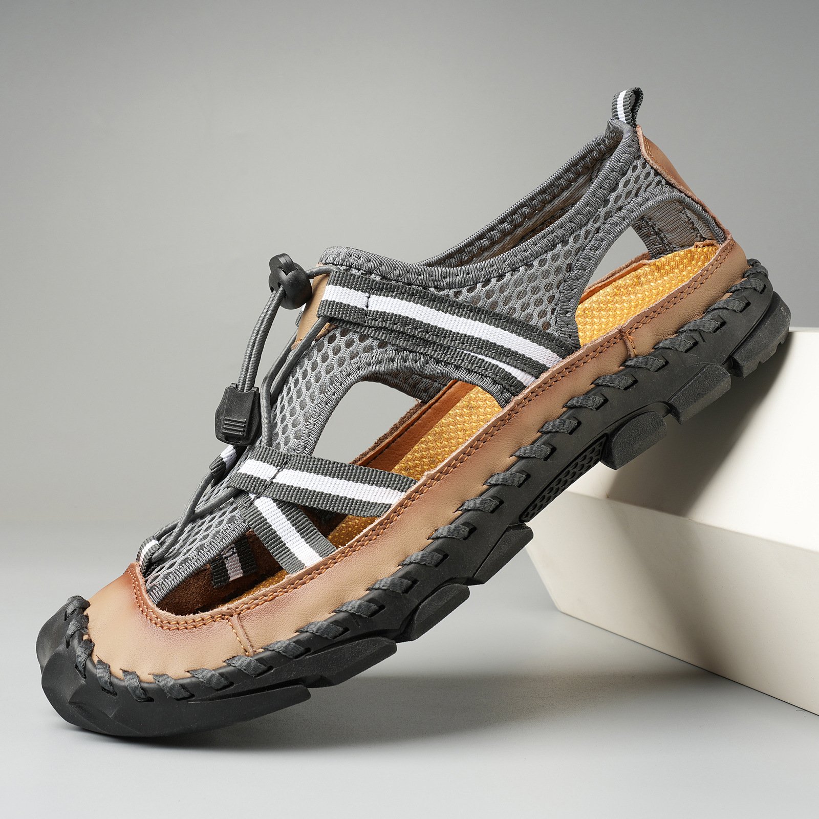 Summer men's genuine leather sandals mesh sandals beach sandals men's shoes outdoor breathable mesh sandals