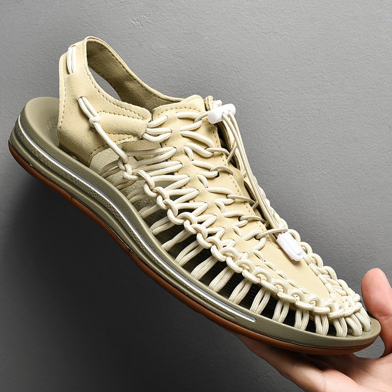 Mixed color men and women sandals handmade leather braided shoes beach couple outdoor men and women sandals